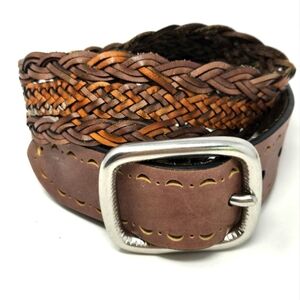 VINTAGE LUCKY BRAND BROWN TAN WOVEN LEATHER BELT OVERSIZE SILVER BUCKLE WOMEN L